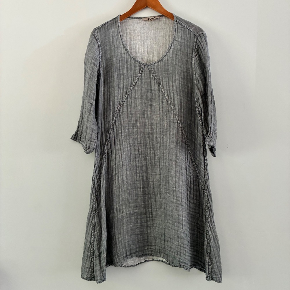 FLAX Tunic Dress M Grey 100% Linen Crinkle 3/4 Sleeve Lagenlook Coastal Boho
